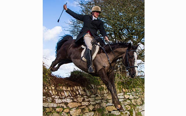 Cornish banks and walls can take some jumping but this wall with a decent drop causes no problems for a thruster at the Cury's farriers meet