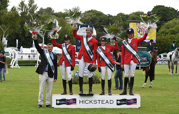 Team Germany (L to R; Otto BECKER, Janne Friederike MEYER GER riding GOJA 27, Ludger BEERBAUM GER riding CHIARA 222, Meredith MICHAELS-BEERBAUM GER riding FIBONACCI 17 and Patrick STUHLMEYER GER riding LACAN 2) winners of the Furusiyya FEI Nations Cup during the Royal International Horse Show at The All England Jumping Course, Hickstead, West Sussex, UK on 29 July 2016