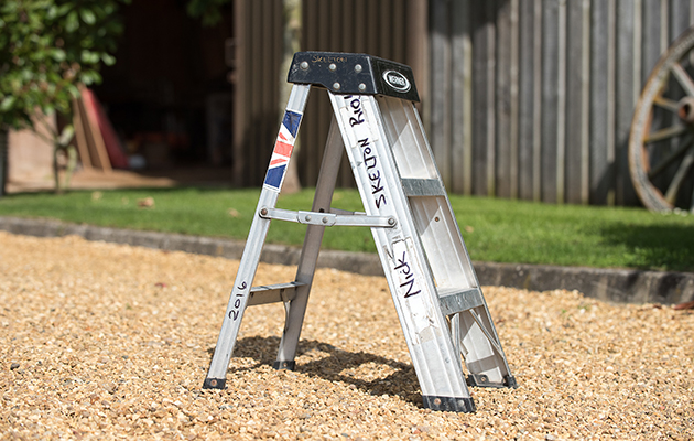 Nick Skelton and Big Star - Nick's stool mounting block - Shelfield Green, Alcester, Warwickshire, United Kingdom - 01 September 2016