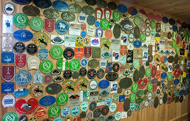 Nick Skelton - PHOTO mandatory by-line: Phil Mingo/Pinnacle, trophy wall, metal plaques, badges placings