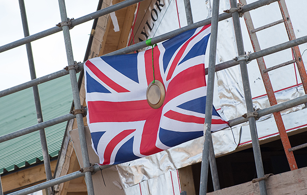 Nick Skelton and Big Star - medal and flag on building site at Dan Skelton's yard - Shelfield Green, Alcester, Warwickshire, United Kingdom - 01 September 2016