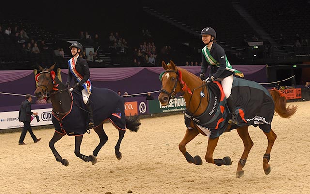 Emily Morris  riding ULTIMATUM II owned by Emily Morris winner of the Bronze League Championship and Rachel Walker  riding BO GI owned by Rachel Walker winner of the Silver League Championshipduring HOYS in the NEC in Warwickshire in the UK on 5th October 2016