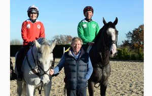 Frankie Dettori and Victoria Pendleton with Nick Skelton during a Showjumping training session at Nick Skelton's stables at Arden Cote Farm in the village of Shelfield near Ancestor in Warwickshire in UK on 28th November 2016