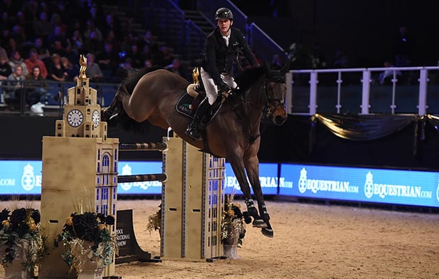 Billy Twomey riding Diaghilev winner of Class 20 Equestrian.com Grand Prix at the Equestrian.com Liverpool International Horse Show at Echo Arena, Liverpool, UK; on 2nd January 2017