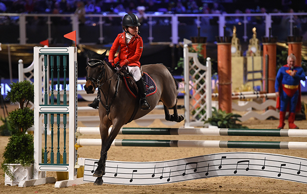 Lucy Bowen Howard and Emauele Gaudiano during of Class 13 (Mini Major) at the Equestrian.com Liverpool International Horse Show at Echo Arena, Liverpool, UK; on 1st January December 2016