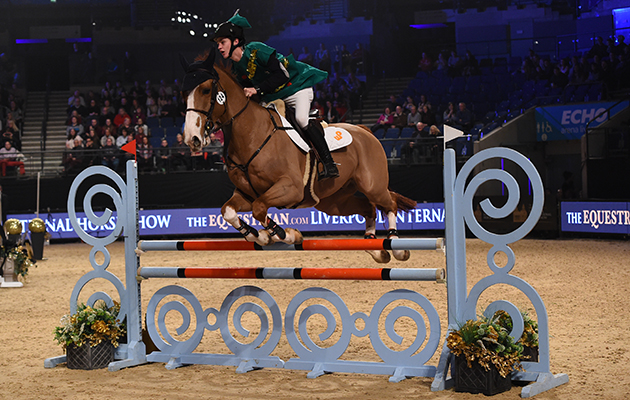 Tia Squibb and Christopher Megahey during of Class 13 (Mini Major) at the Equestrian.com Liverpool International Horse Show at Echo Arena, Liverpool, UK; on 1st January December 2016