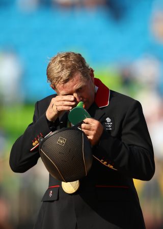 RIO DE JANEIRO, BRAZIL - AUGUST 19: Gold medalist, Nick Skelton of Great Britain riding Big Star celerates after the Equestrian Jumping Individual Final Round on Day 14 of the Rio 2016 Olympic Games at the Olympic Equestrian Centre on August 19, 2016 in Rio de Janeiro, Brazil. (Photo by Mark Kolbe/Getty Images)