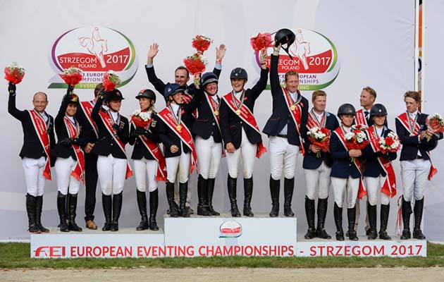 European Eventing Championships team podium: gold, Britain; silver, Germany; bronze Sweden