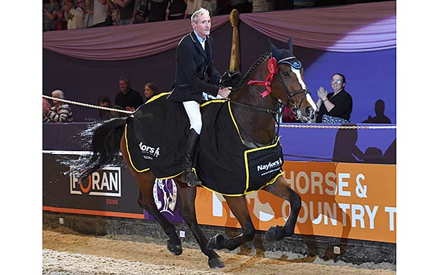 CITI BUSINESS ridden by Padraic Judge in the Puissance during the Horse of the Year Show at the NEC near Birmingham, UK between 4th - 8th October 2017