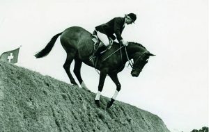Marion Coakes (Mould) & Stroller competing in the 1967 Hickstead Derby.