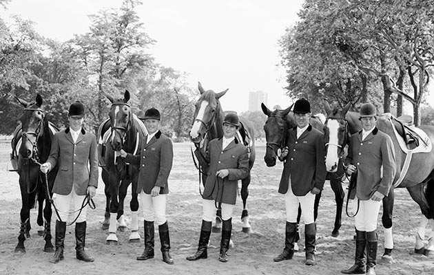 Left to right: Michael Whitaker (reserve), Malcolm Pyrah, Joe Turi, David Broome and Nick Skelton, the Great Britain Olympic Showjumping Team, at Hickstead on 9th August 1988.  (Photo by Bob Thomas/Getty Images.)