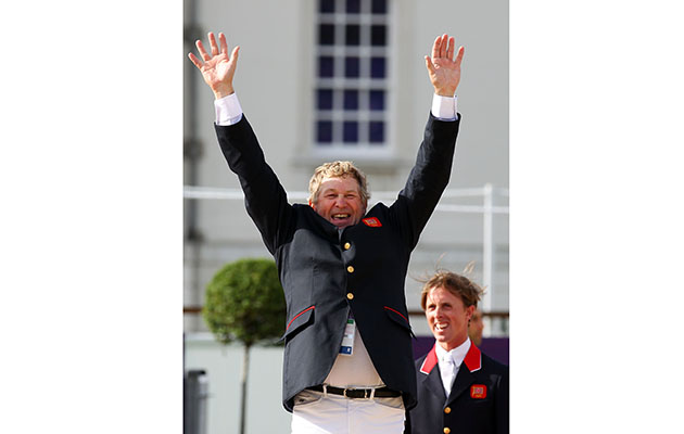 LONDON, ENGLAND - AUGUST 06: Gold medalist Nick Skelton of Great Britain celebrates before the medal ceremony for the Team Jumping on Day 10 of the London 2012 Olympic Games at Greenwich Park on August 6, 2012 in London, England. (Photo by Alex Livesey/Getty Images)