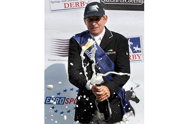 Winner Nick Skelton from Great Britain cheers during the victory ceremony of the show jumping competition of the Global Champions Tour in Hamburg, Germany, 19 May 2012. Hamburg is the third of 13 places of the Global Champions Tour. Photo: Daniel Reinhardt