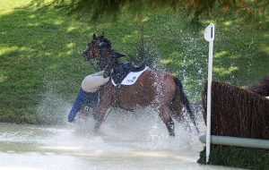 Mandatory Credit: Photo by Charles Cunningham/REX/Shutterstock (9038968e) Zara Tindall falling off High Kingdom The Land Rover Burghley Horse Trials, Stamford, UK - 02 Sep 2017 The accident took place at fence 23, the Land Rover Trout Hatchery.Zara became unseated as her horse landed after the water jump but she appeared to have escaped unscathed and walked up the bank to be greeted by one of the event doctors.