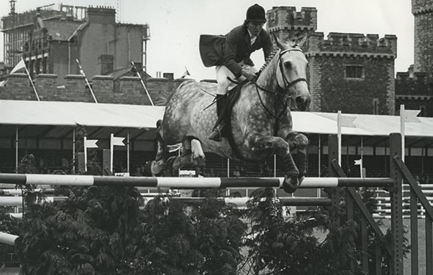 1976 Rowland Fernyhough and Bouncer, with Cardiff CASTLE in the Backgrund at cardxiff benson and hedges champs