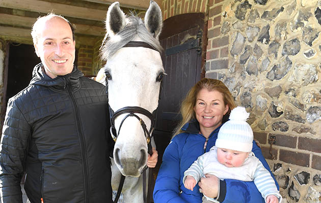 Tim Price, Ascona M (Ava), Jonelle Price and Otis Price at Jonelle and Tim's stables, of Mere Farm near Marlborough in Wiltshire in the UK on the 19th January 2018