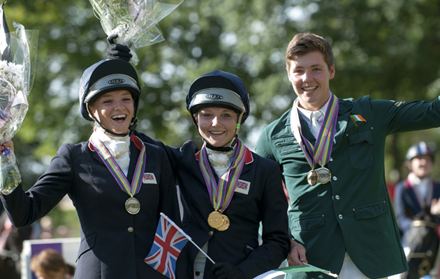 On the podium at the FEI European Eventing Championships for Juniors 2012 at Strzegom, Poland yesterday: (L to R) Individual silver medallist Emily King (GBR), individual gold medallist Sophie How (GBR) and individual bronze medallist Harold Megahey (IRL).