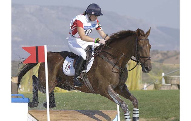 Sport, Olympic Games, Athens, Greece, 17th August 2004, Equestrian, Three Day Eventing, Cross Country, The Water Jump, Jeanette Brakewell of Great Britain riding "Over to You" (Photo by Bob Thomas/Getty Images)