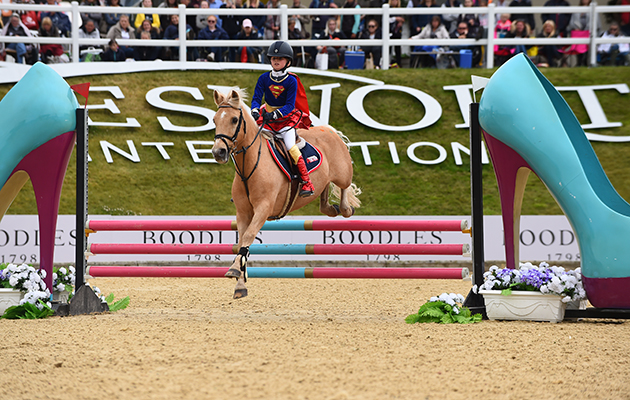 Louise Saywell and Eleanor Archibald during the invitational Mini Major Relay during the Equerry Bolesworth International Horse Show  at Bolesworth Castle near Chester in Cheshire in the UK on 17th June 2018