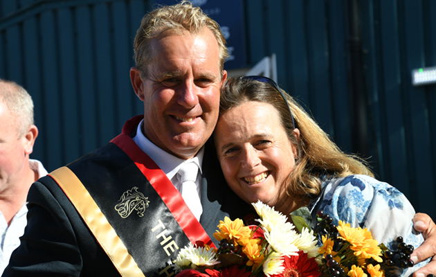 William FUNNELL with Pippa FUNNELL after winning The Al Shira'AA Derby with BILLY BUCKINGHAM in the International jumping competition during The Al Shira'AA Hickstead Derby Meeting at the All England Jumping Course at Hickstead near Haywards Heath in West Sussex in the UK on 24th June 2018