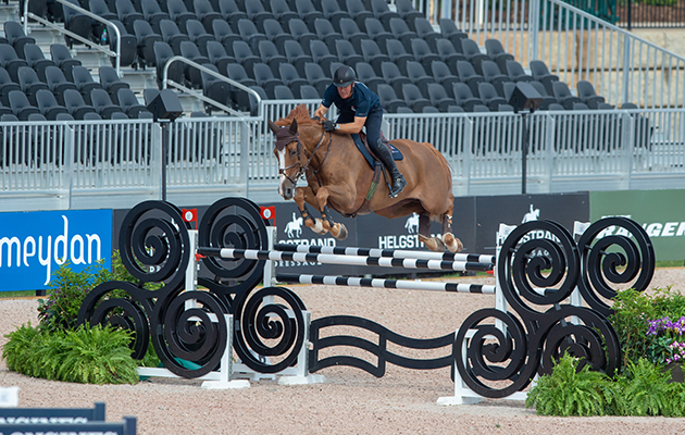 William Funnell and Billy Buckingham in the training session before the start of competition at WEG 2018. WEG showjumping times