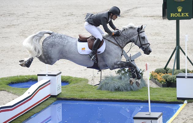 "Sergio ALVAREZ MOYA riding Carlo 273 (CH), Zipper (CH) ESP", in the Team FEI European Show Jumping Championship in Herning, Denmark in August 2013