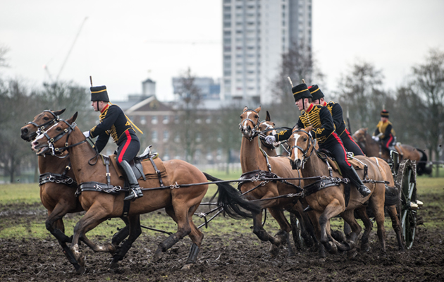 The King’s Troop Royal Horse Artillery on the playing fields before Royal Artillery Barracks Major General Ben Bathurst, General Officer Commanding The Household Division, conducted his annual inspection of The King’s Troop Royal Horse Artillery on the playing fields before Royal Artillery Barracks, in Woolwich today. The inspection determined whether the Army’s ceremonial saluting battery is fit to perform its duties on behalf of the nation for the next twelve months. All Major General’s inspections are testing times for Army units, but this one takes place in full public view with the soldiers and horses performing one of the most heart-stopping and difficult displays in the ceremonial canon. The colourful and spectacular display included the world-famous Musical Drive. The Musical Drive is one of the most spectacular displays of horsemanship in the world involving risk laden complex choreographed moves with split second timing. Six magnificently turned–out horses draw each of six 13 pounder Field Guns and limbers, with the Gun detachment riding behind each Gun. The Guns in the Troop display all saw service in the First World War. Photographer: SSgt Rupert Frere RLC / MoD Crown