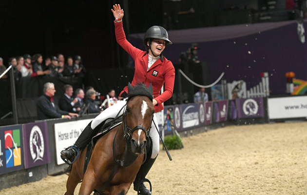 Holly Cooper  riding VALENTINE SUPREME for owner Sophie Phillips, winner of the Pony Foxhunter Championship at Horse of The Year Show 2018 at the NEC near Birmingham in the UK between 2nd- 7th October 2018