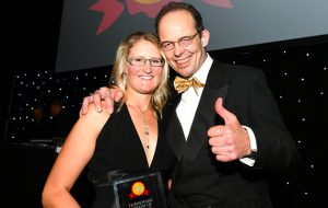 Jane Felton and Jonty Evans winner of the Groom of the Year Award with Jonty Evans at the Horse and Hounds awards evening held at Cheltenham Racecourse in Gloucestershire in the UK on the 8th November 2018