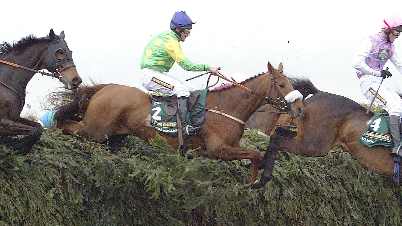 LIVERPOOL, ENGLAND - APRIL 9: Royal Auclair (number 2) ridden by Christian Williams goes over Becher's Brook during the John Smith's Grand National at the Aintree Race Course on April 9, 2005 in Liverpool, England. (Photo by Ross Kinnaird/Getty Images)