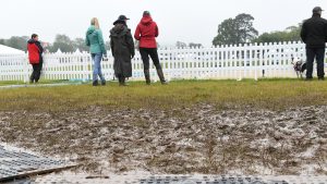 flooding weather rain flood The Team at the Equerry Bolesworth International Horse Show dealing with the weather conditions to keep the show on the road, held at Bolesworth Castle, near Chester in Cheshire in the UK between 12-16th June 2019