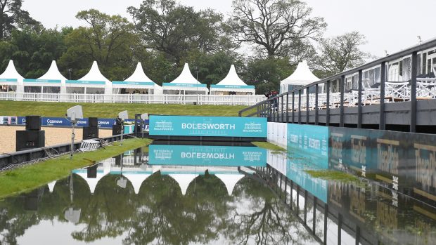 flooding weather rain flood The Team at the Equerry Bolesworth International Horse Show dealing with the weather conditions to keep the show on the road, held at Bolesworth Castle, near Chester in Cheshire in the UK between 12-16th June 2019