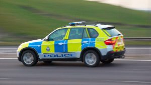 BK49D4 Police car on the M62 motorway.