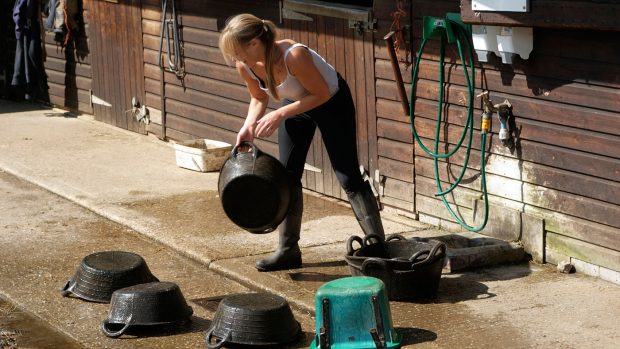 B1D39K Woman washing and cleaning horse feed bowls and rubber buckets. Image shot 06/2008. Exact date unknown.