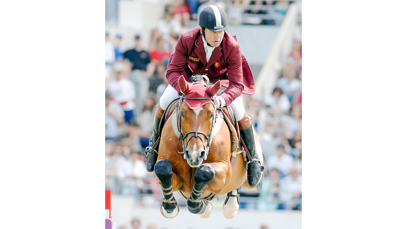 British Nick Skelton riding Arko III clears a jump during the Grand Prix Longines, on May 11, 2008 in La Baule, western France. Skelton placed third of the competition. AFP PHOTO JEAN-SEBASTIEN EVRARD (Photo credit should read JEAN-SEBASTIEN EVRARD/AFP/Getty Images)