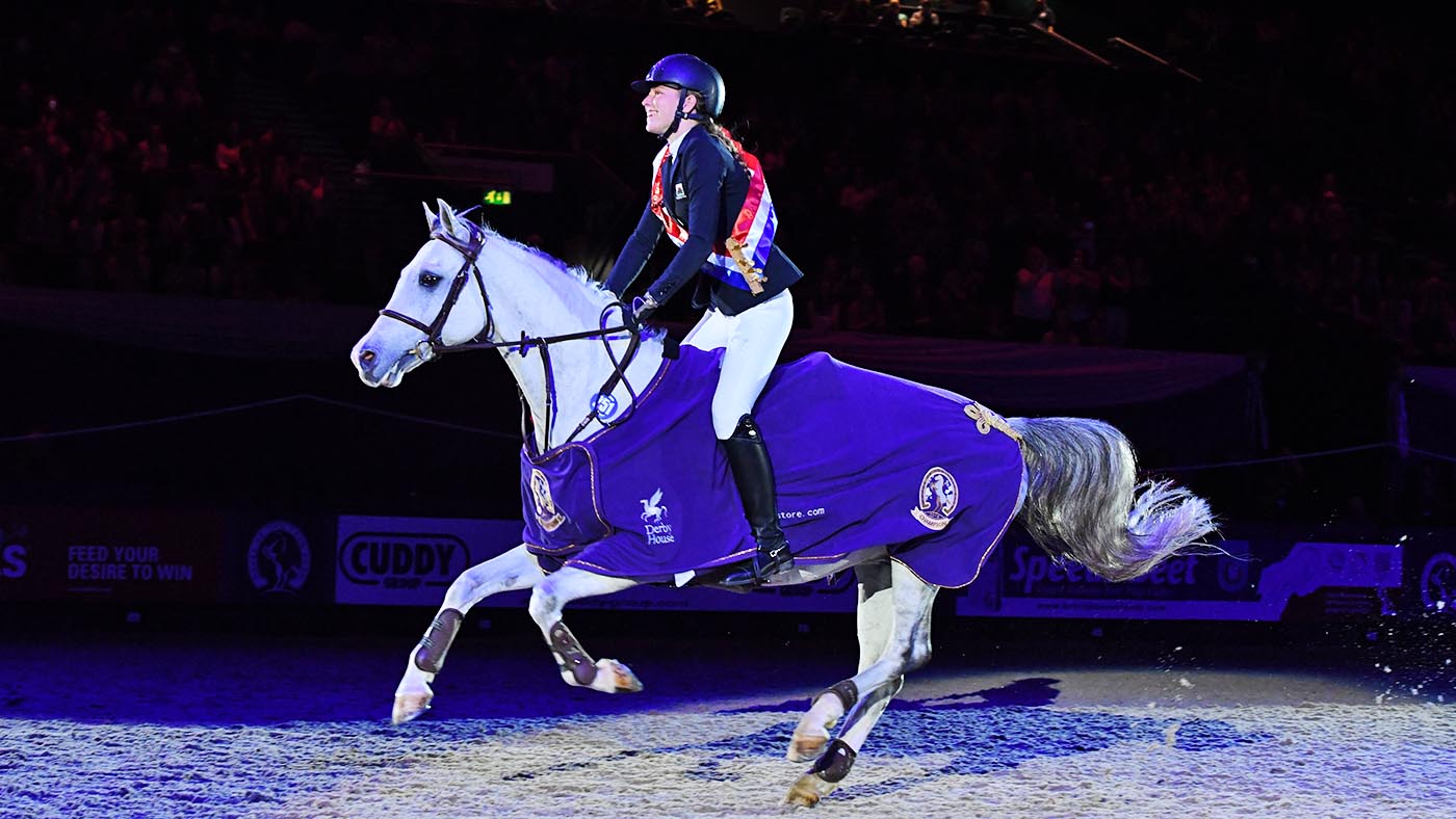 Glain Watkin-Jones riding TREVOR H, winner of the Pony Foxhunter Championship during the Horse of The Year Show at the NEC in Birmingham in the UK between the 2nd - 6th October 2019
