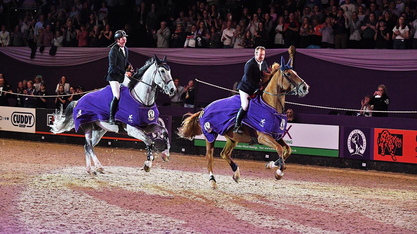 Robert WHITAKER riding MAJOR DELACOUR and Guy WILLIAMS riding MR BLUE SKY UK, joint winners of the International Showjumping - Ripon Select Foods Puissance during the Horse of The Year Show at the NEC in Birmingham in the UK between the 2nd - 6th October 2019