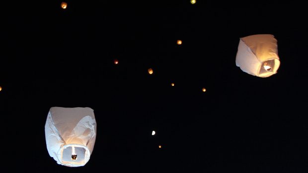 Sky lanterns floating in the sky. Deepavali lights festival. Chinese sky lanterns. Diwali celebration, the festivals of the light.