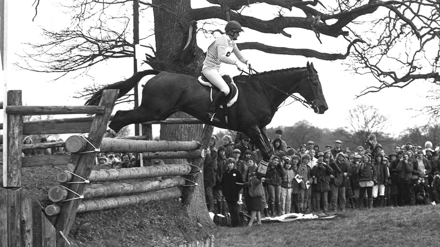 Mary king riding Divers Rock, Badminton Horse Trials 1985