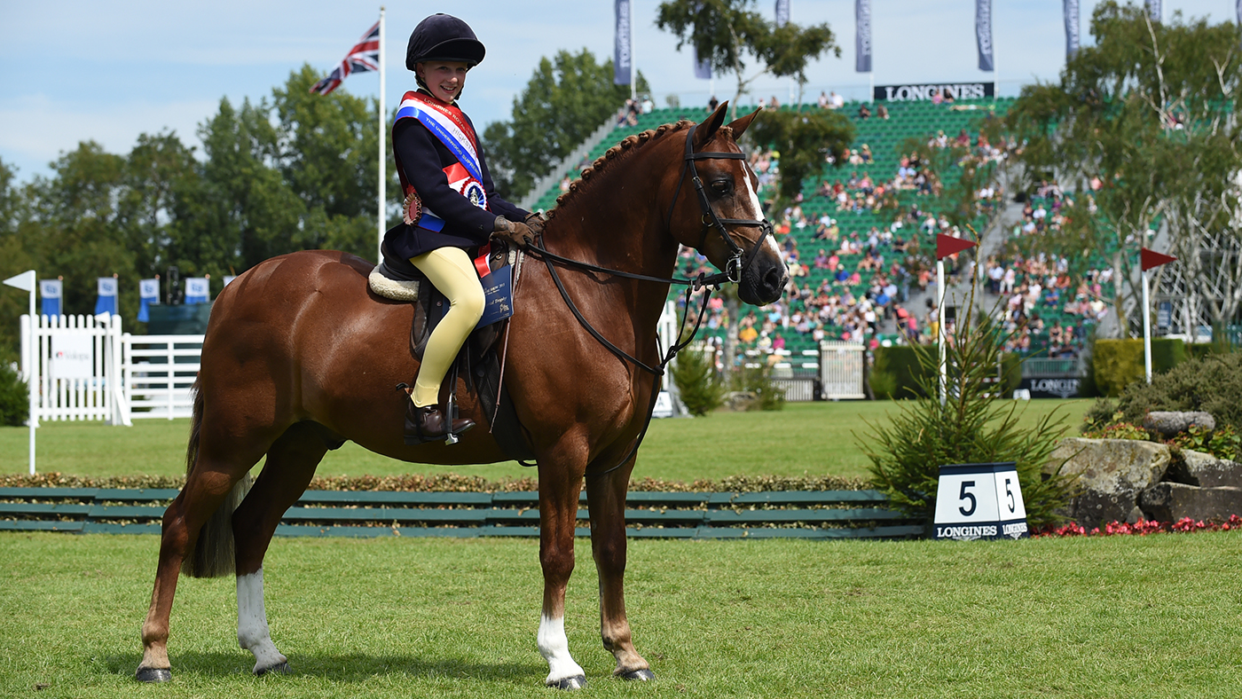 BEAT THE BOSS owned by MRS JOHNNY EDDIS an exhibited by SUSIE EDDIS; Winner of The Underwood Supreme Pony Championship at The Longines Royal International Horse Show, at The All England Jumping Course, Hickstead, West Sussex, UK 02 August 2015