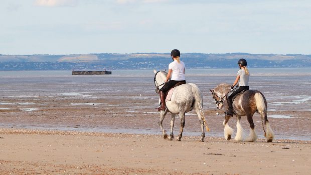 A pair of horse riders enjoying a relaxing ride along a beach.