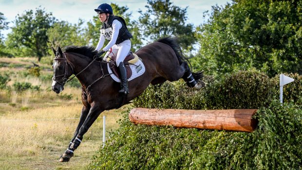 Molllie Summerland and Charly Van Ter Heiden run steadily across country after achieving an excellent dressage mark of 18.2. This pair finished in the top 10 at four-star level seven times last season