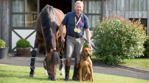 Nick Skelton, Big Star and Elsa the dog - Shelfield Green, Alcester, Warwickshire, United Kingdom - 01 September 2016