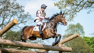 Georgie Goss (née Spence) is pregnant. Pictured here at at Badminton Horse Trials 2018, riding Wii Limbo, jumping a fence on the cross-country course.