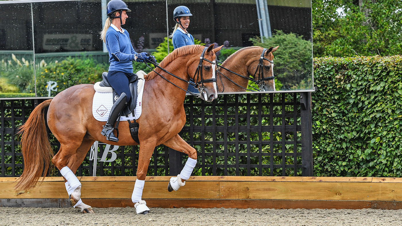 Charlotte Dujardin riding Gio (Stable name Pumpkin) at the yard she shares with Carl Hester in Gloucestershire, UK