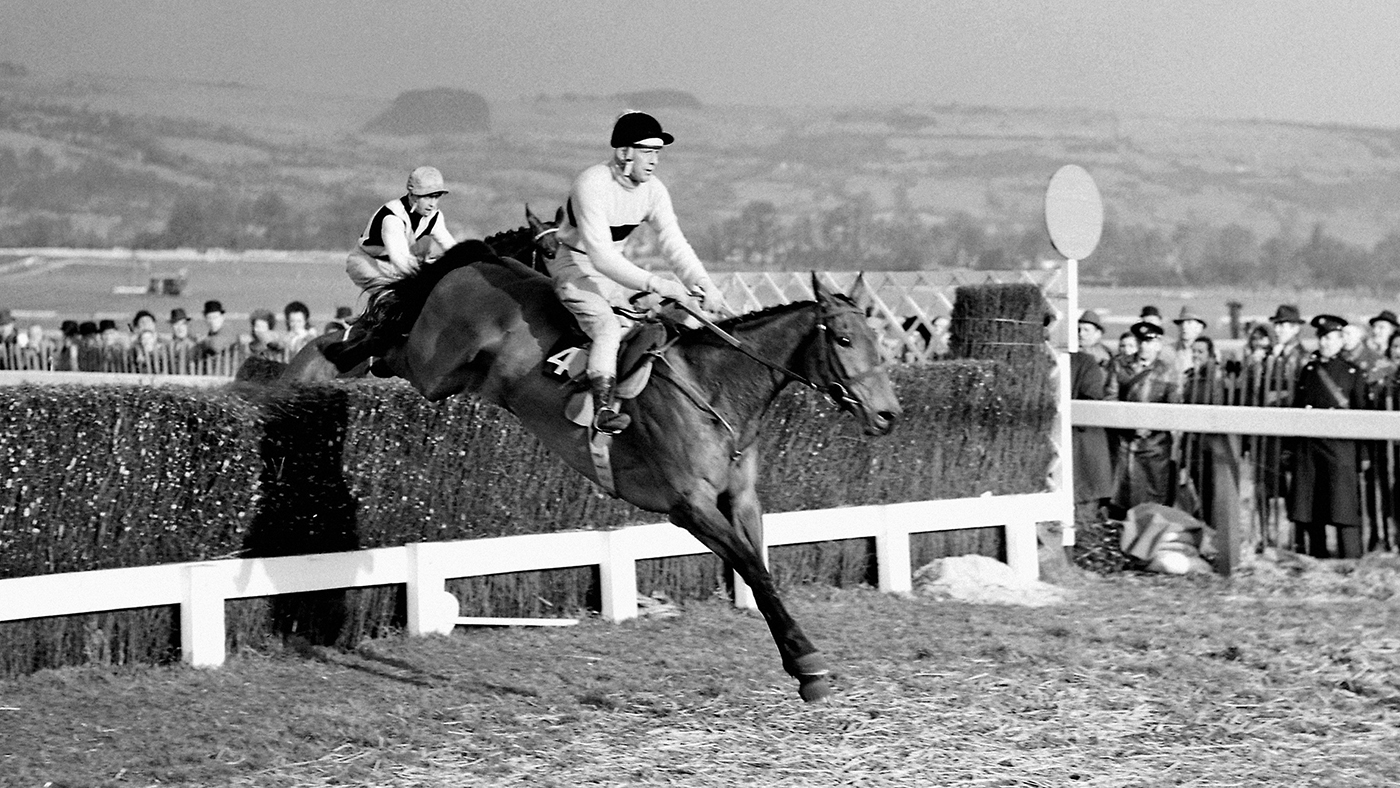 Arkle, Pat Taaffe up, takes the last fence ahead of Mill House, Willie Robinson up, before racing on to win the Gold Cup