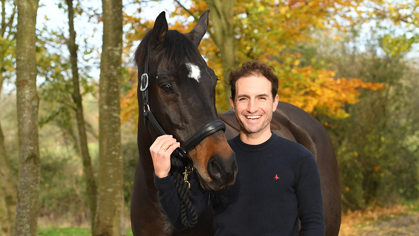 Sonnar Murray-Brown with his top horse Erlentanz TSF at his yard in the village of Bishop Norton near Tewkesbury in Gloucestershire in the UK on 13th November 2020