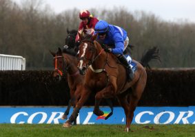 Secret Reprieve ridden by Adam Wedge goes on to win the Coral Welsh Grand National Handicap Chase at Chepstow Racecourse.