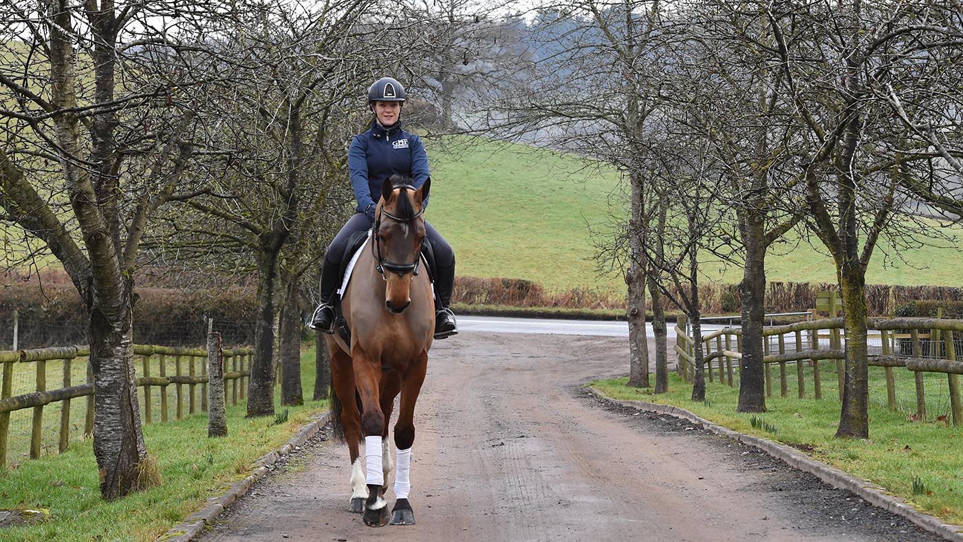 Vicky Tuffs riding Kogola (Bay mare) at GHF Equestrian yard at Great House Farm near Usk in Monmouthshire in Wales on the 10th January 2021