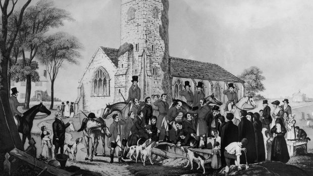 The funeral of celebrated Whipper Tom Moody at Willey Church in Shropshire. Moody worked for George Forrester Esq of Willey Hall for thirty years and his last wishes were that the hunt would 'give a rattling view halloo thrice over my grave'. Original artist I. W. Laird, 1841. (Photo by Hulton Archive/Getty Images)